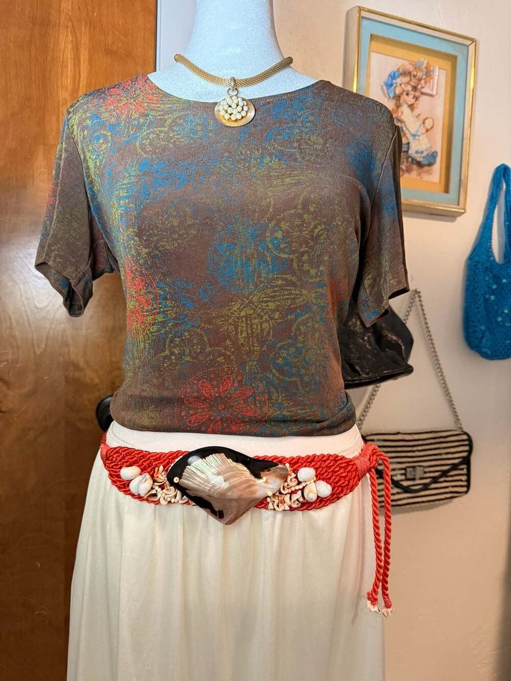 Vintage 1980s Bright Orange Woven Seashell Fish Statement Belt 🐚🐠
